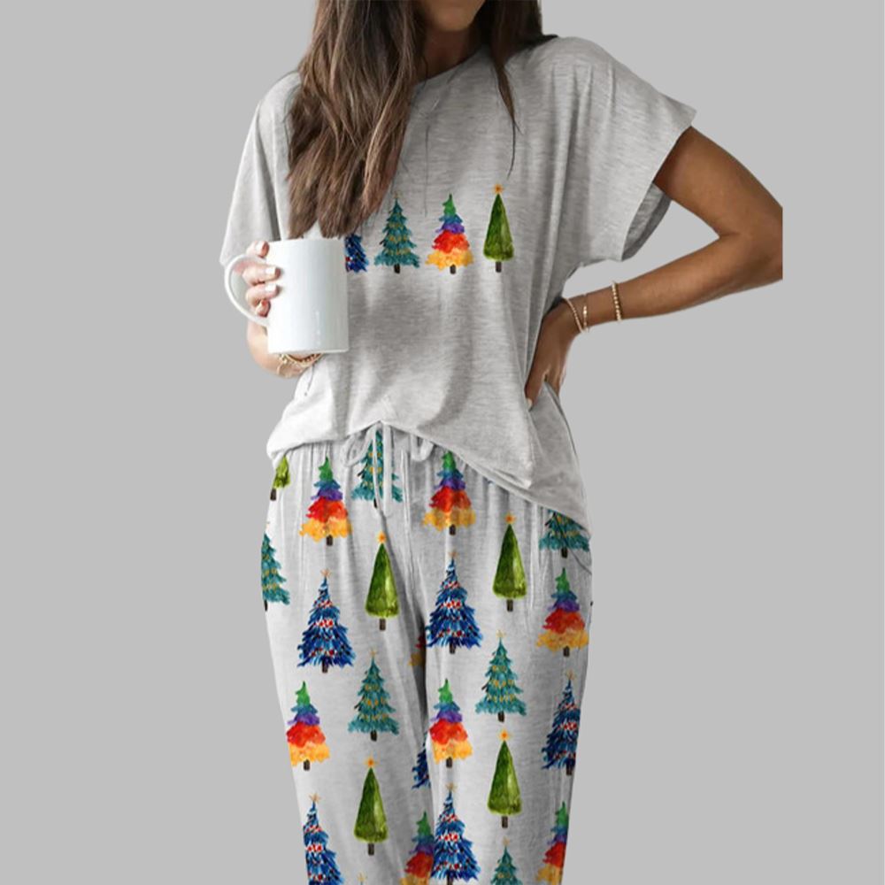 Colorful Christmas Tree Casual Pajama Set For Women