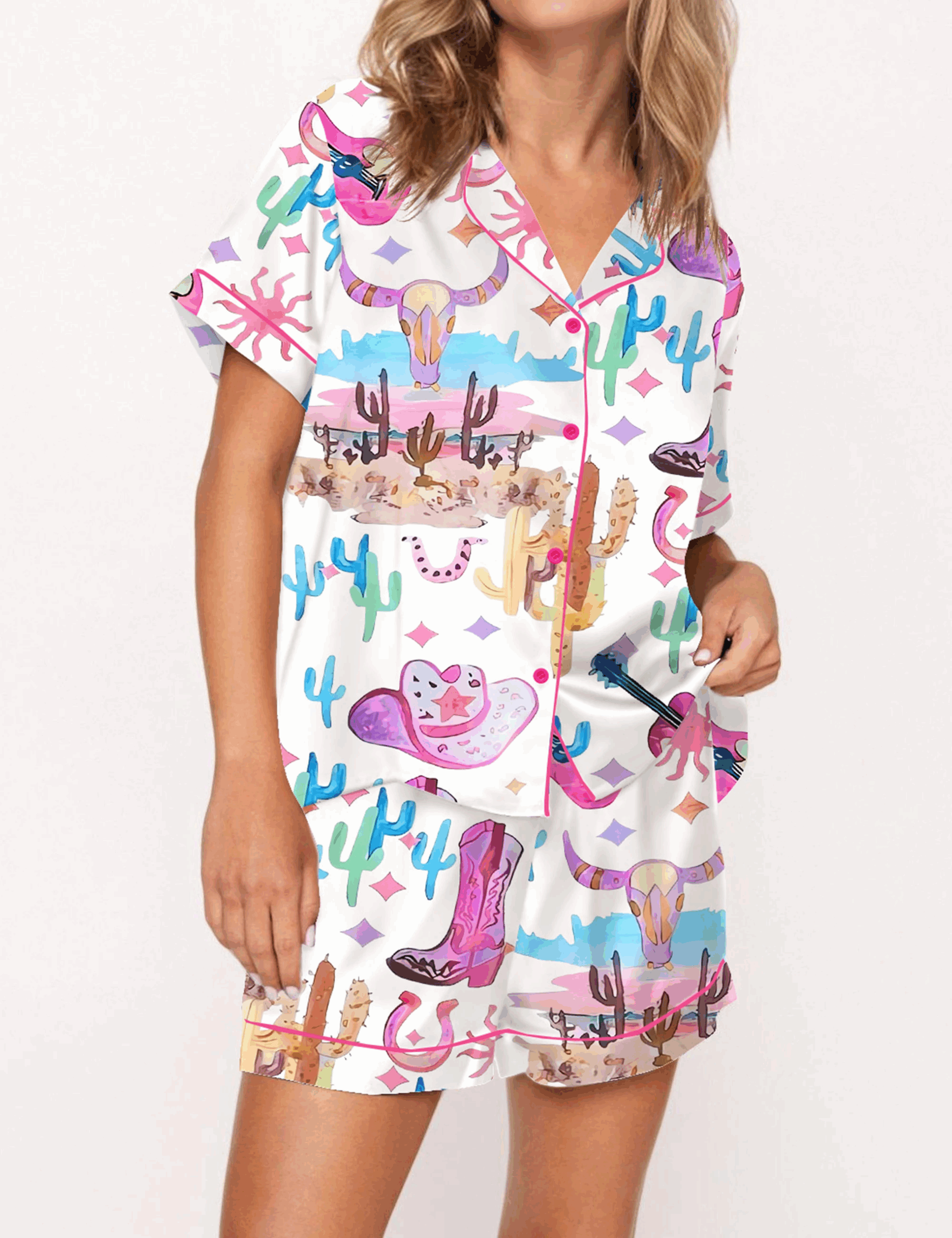 Colorful Cowgirl Silk Satin Pajama Set For Women