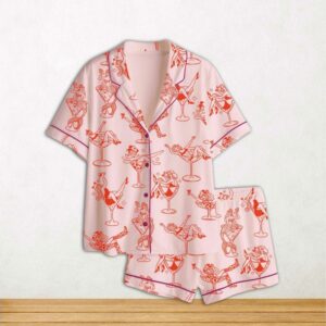 Cowgirl Girl Woman In Martini Glass Mermaid Catgirl In Glass Short Sleeve Satin Pajama Set For Women