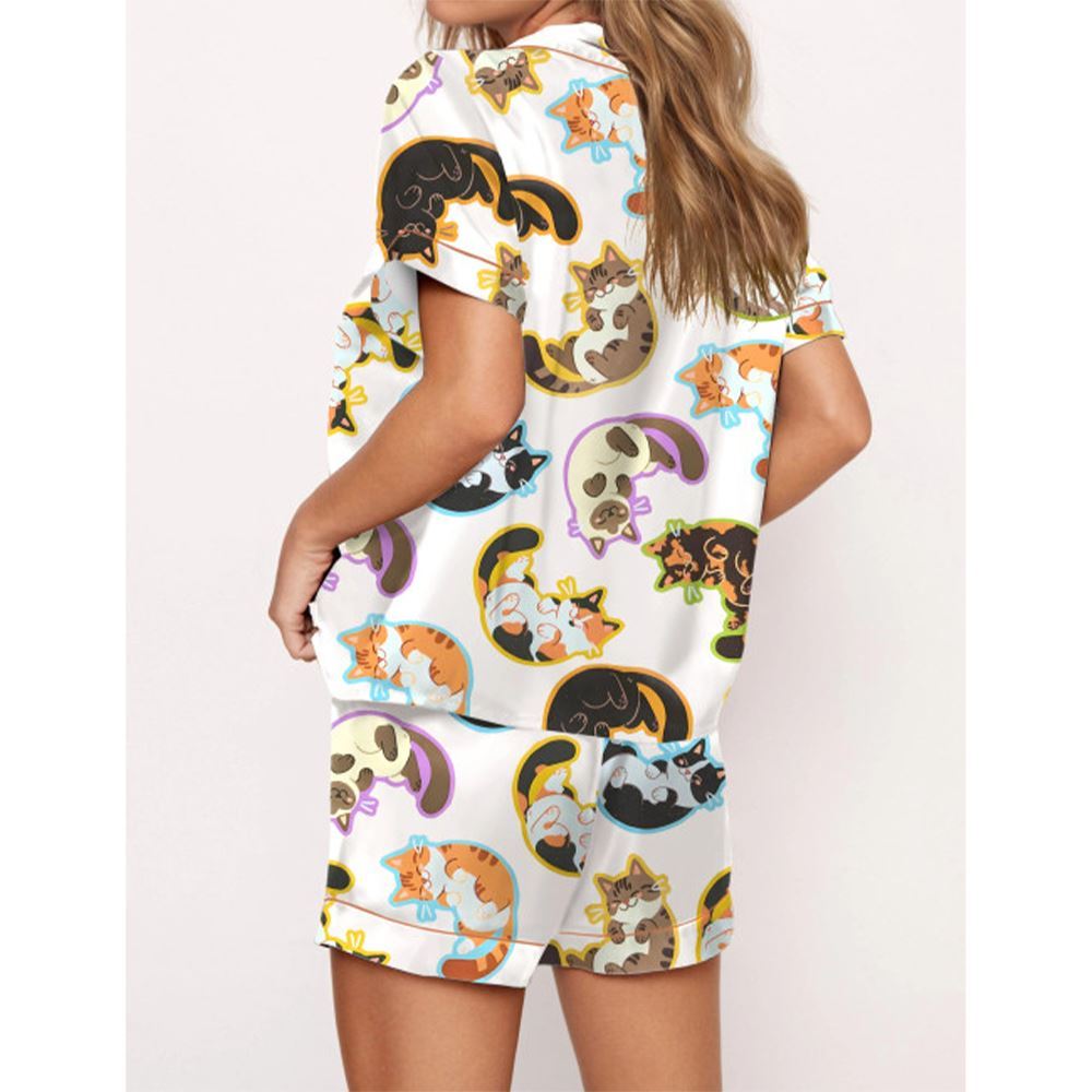 Cute Belly Cat Satin Pajama Set For Women - Image 2