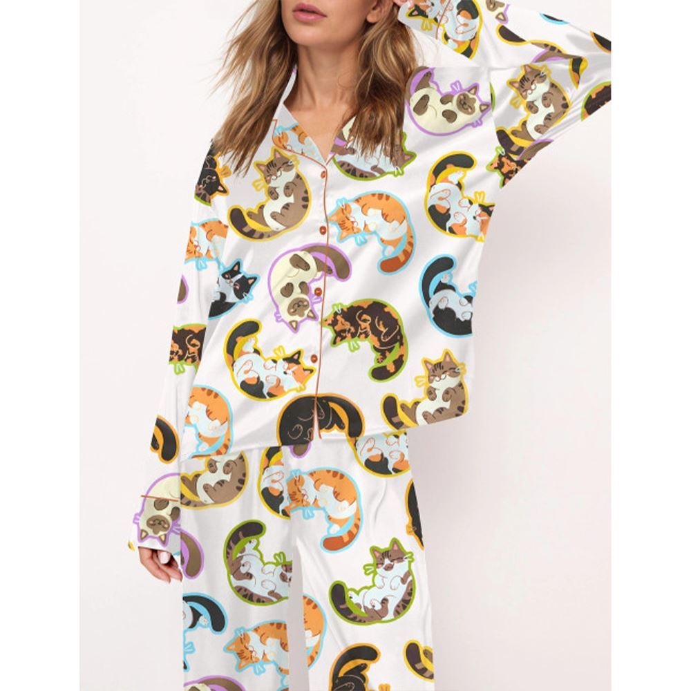 Cute Belly Cat Satin Pajama Set For Women - Image 3