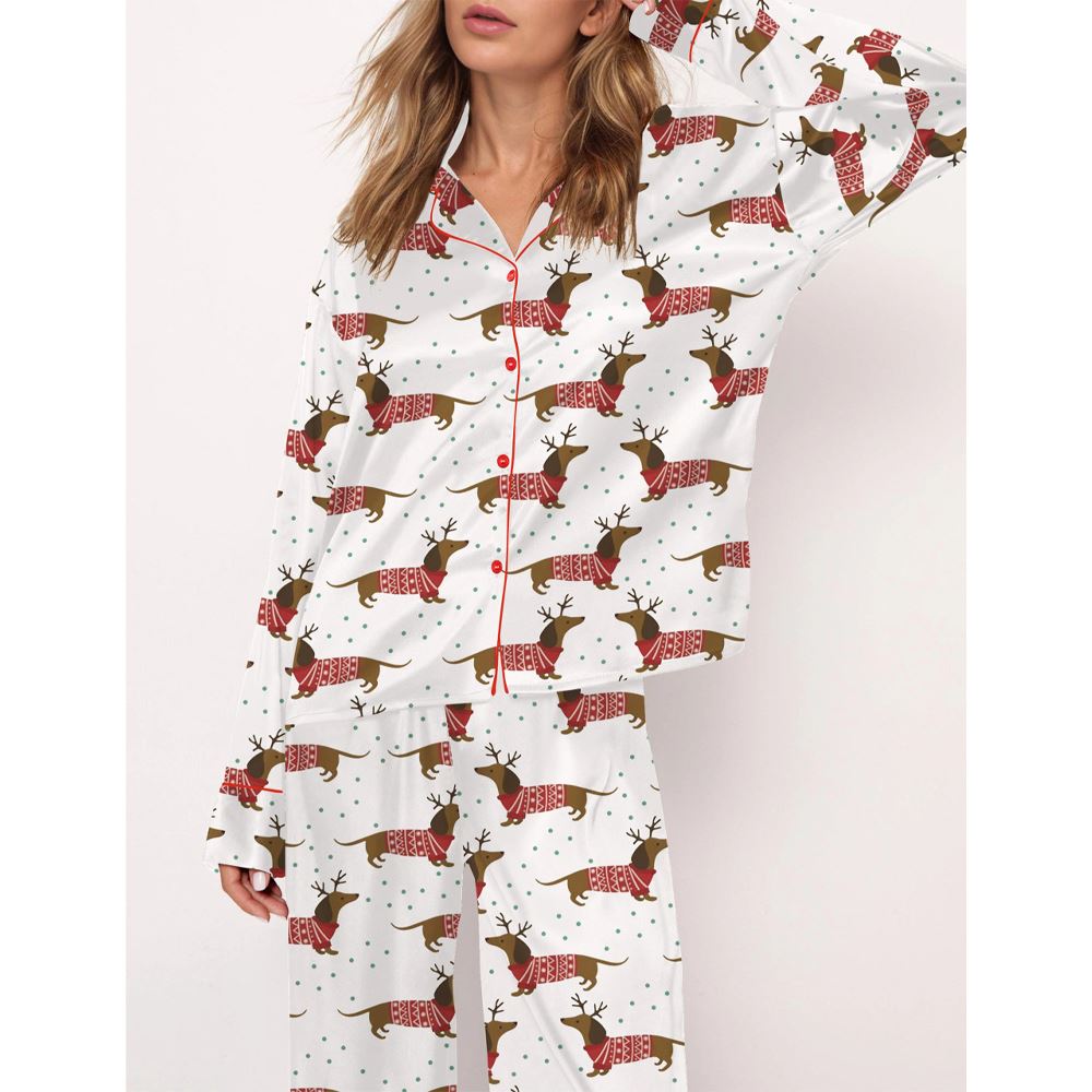 Dachshund And Snowflakes Christmas Satin Pajama Set For Women