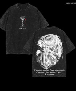 Alternative view of Eren Yeager Attack On Titan T-Shirt - Vintage Anime Graphic Tee with Survey Corps Design, Unisex Washed Cotton Manga Shirt, Perfect Gift for AOT Fans