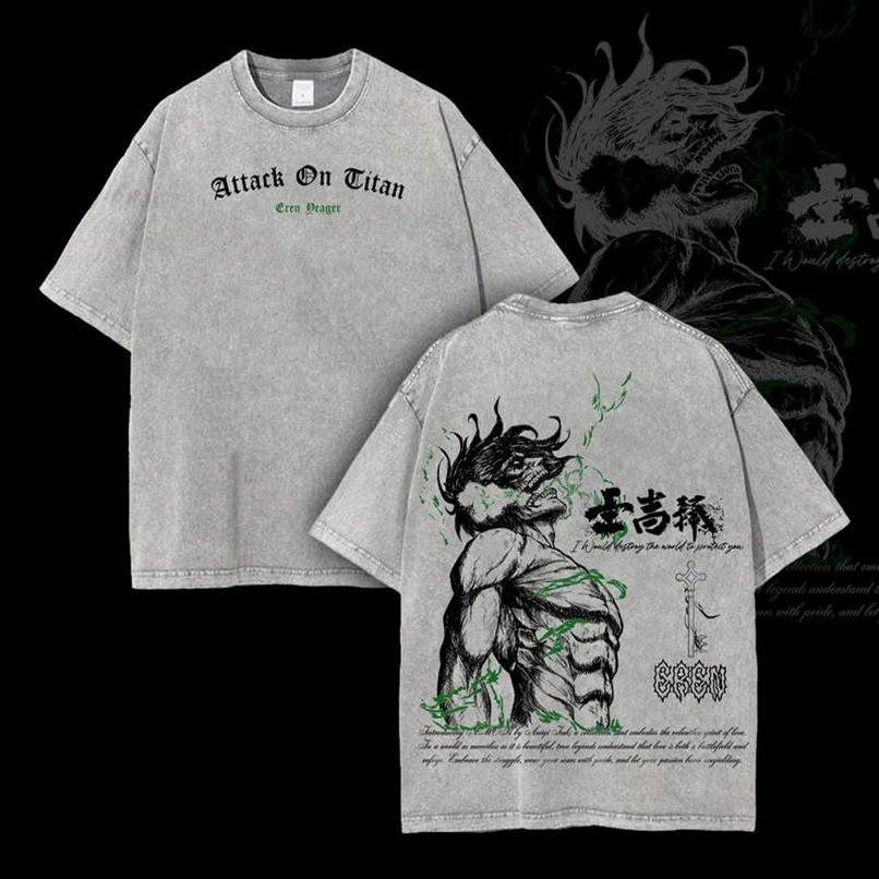 Eren Yeager Attack on Titan T-Shirt, Anime Graphic Tee Oversized Acid Washed Cotton Shirt, Anime Streetwear Casual Menswear, Anime Merch Gift for Anime Fans - Image 2