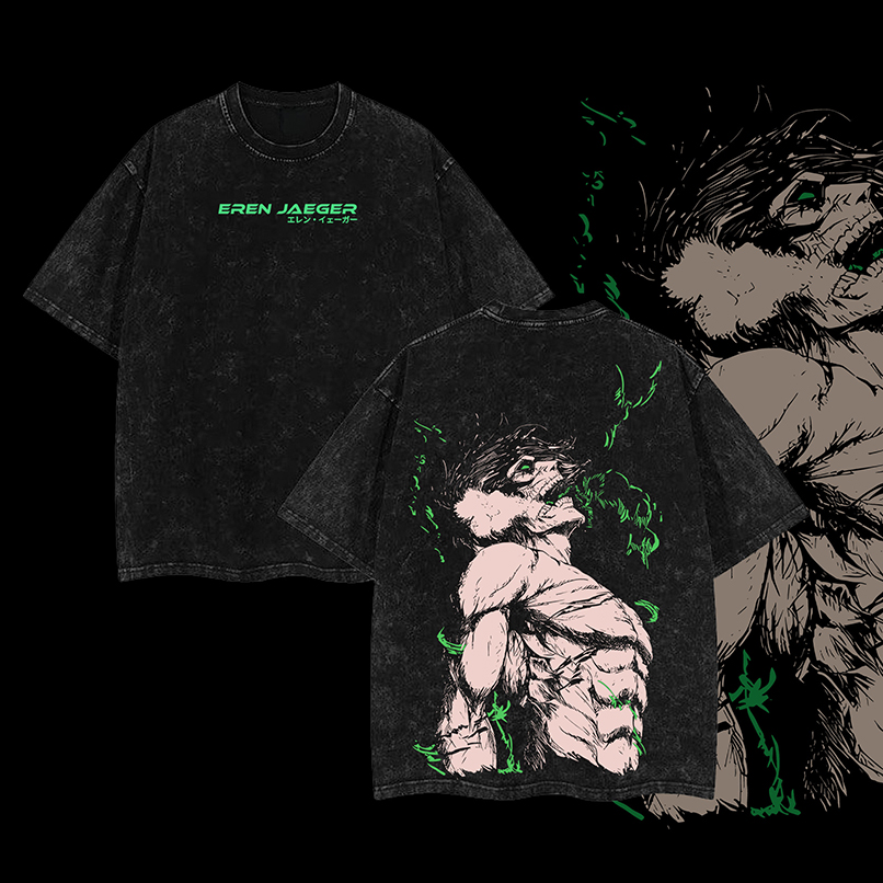Eren Yeager Oversized Tee - Attack on Titan Anime Graphic Shirt Acid Washed Heavyweight Cotton Soft Tee, Anime Streetwear, Eren Shirts Gift for AOT Fans
