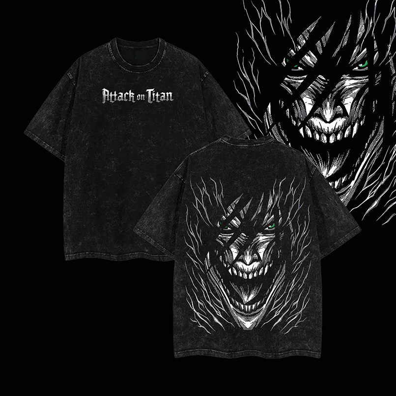 Eren Yeager Titan Form Tee - Washed Oversized Anime Shirt, Attack on Titan Graphic, Unisex Streetwear, AOT Fan Merch, Anime Gift, Manga-Inspired Fashion