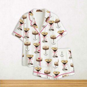 Espresso Martini Pink Bow Short Sleeve Satin Pajama Set For Women