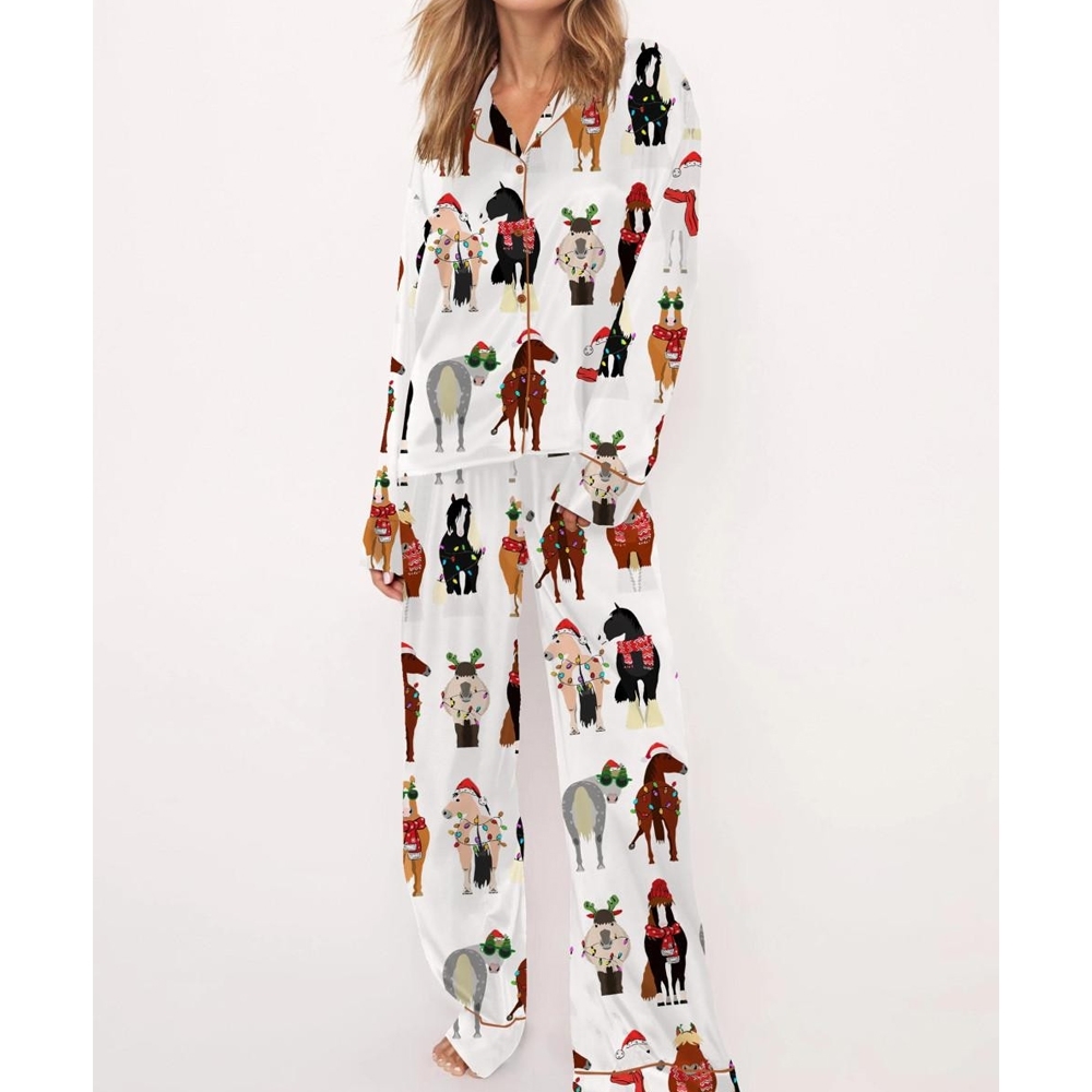 Funny Horse Christmas Satin Pajama Set For Women