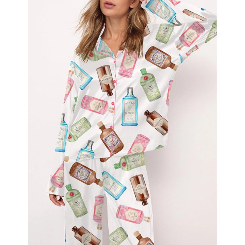 Gin Bottle Satin Pajama Set For Women - Image 3
