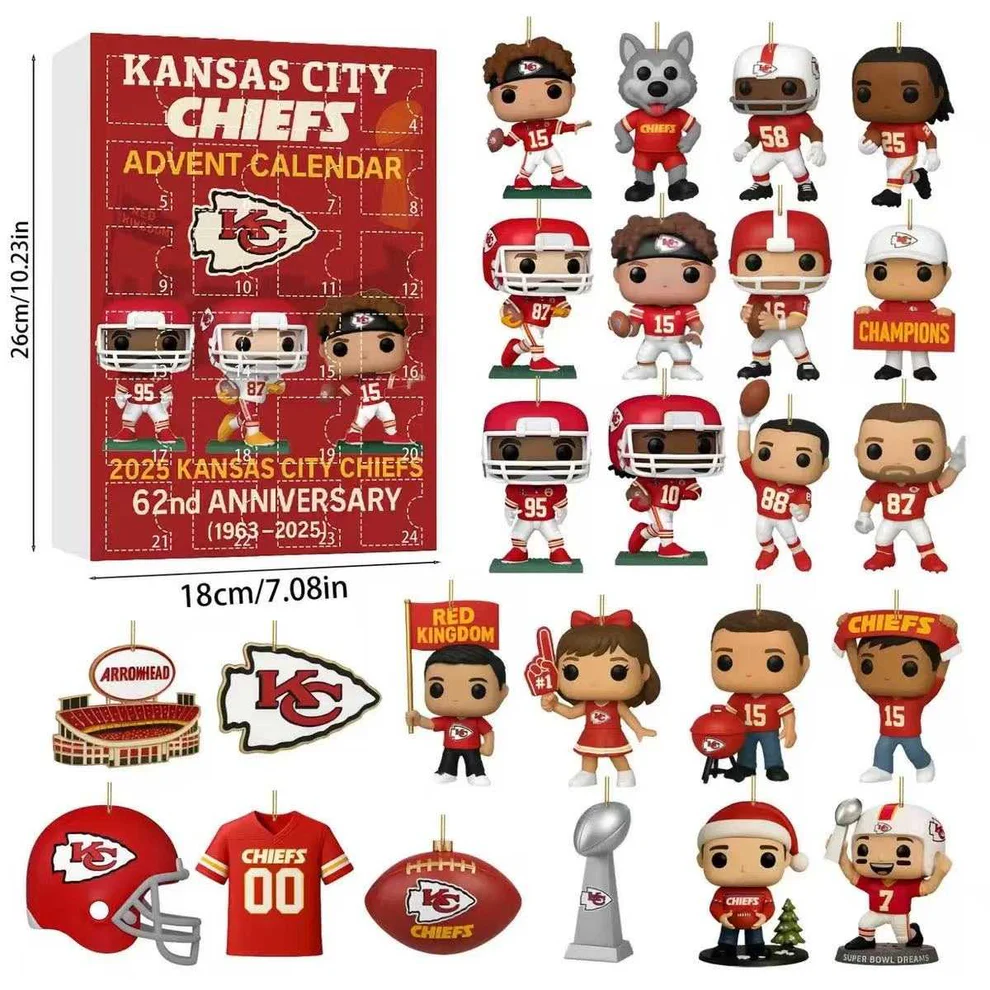 Kansas City Chiefs Advent Calendar 2025, Christmas Countdown Advent Calendar Gift Box With 24 Acrylic Ornaments