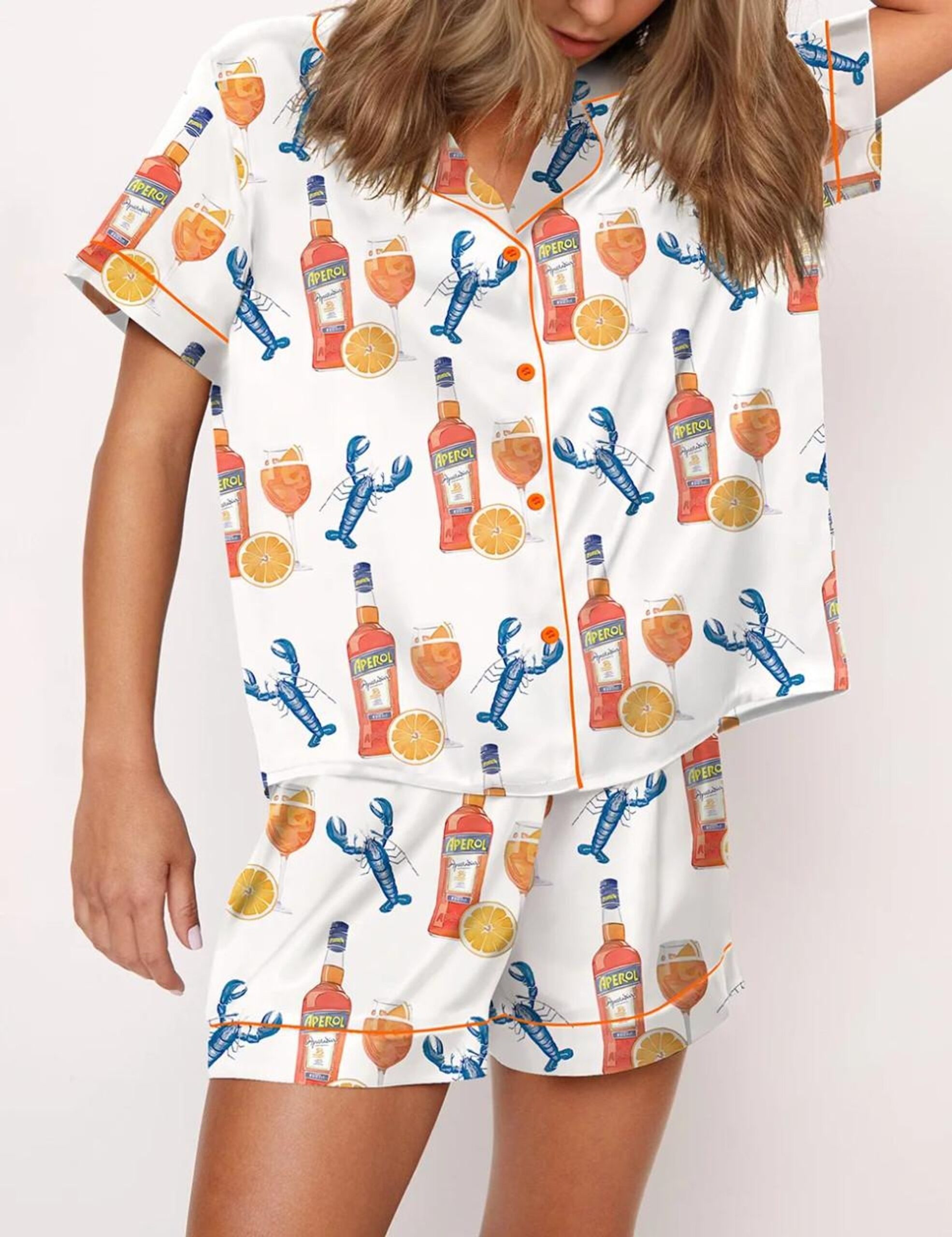 Lobster Aperol Spritz Trio Silk Satin Pajama Set - Image 2