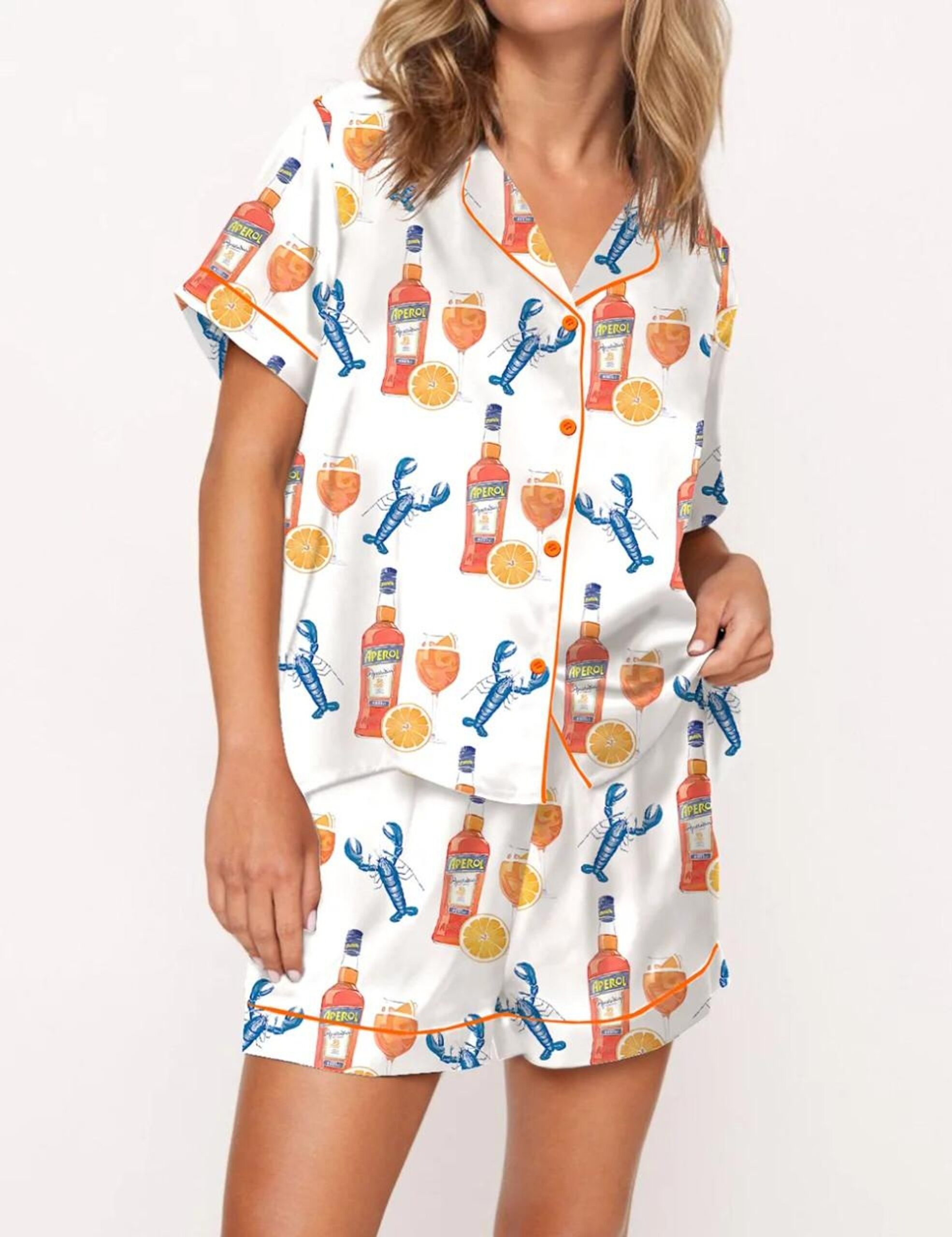 Lobster Aperol Spritz Trio Silk Satin Pajama Set