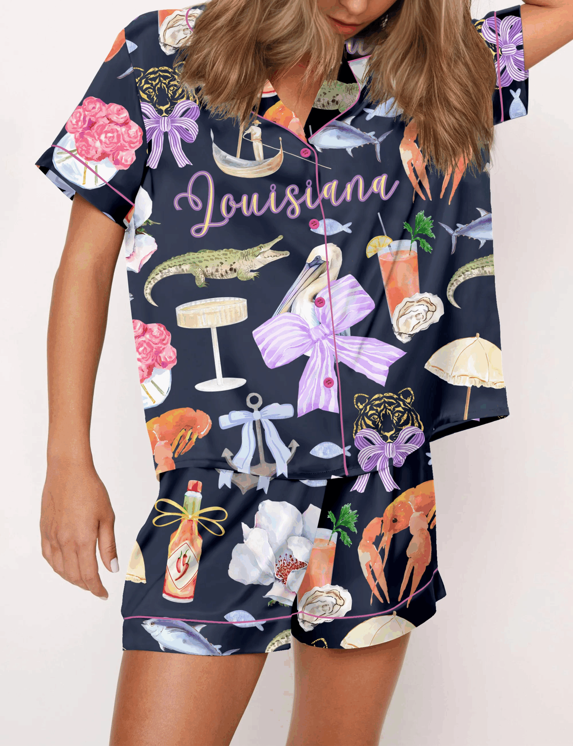 Louisiana Preppy Girl Silk Satin Pajama Set For Women - Image 2