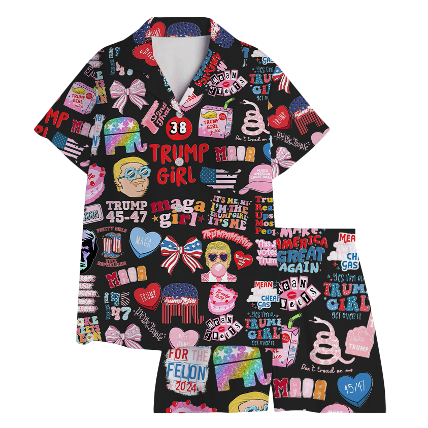 Women 2Pcs Satin Pajamas Shortwear Set Short Sleeve, Trump Girl Pajama Set - Image 10