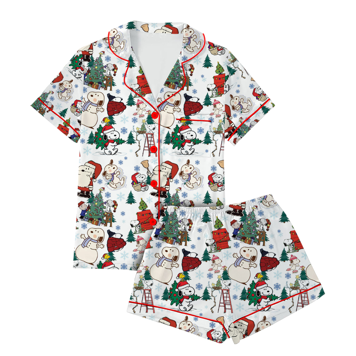 Cute Snoopy Christmas Satin Pajamas Short Set For Women, Adorable Holiday Sleepwear With Tree And Gift Print - Image 4