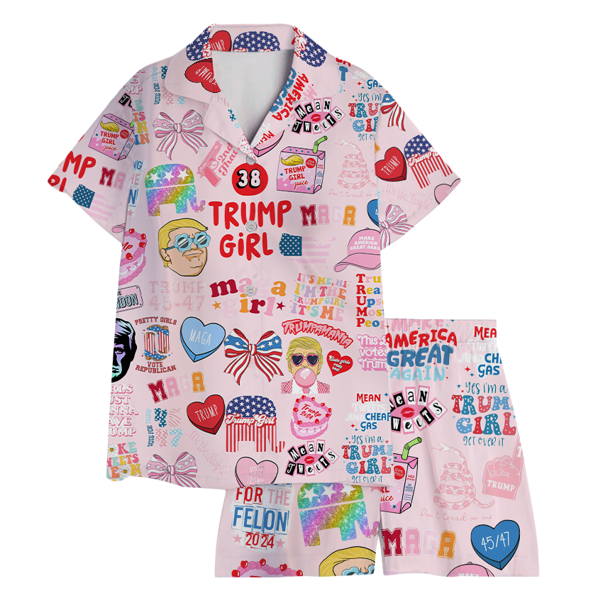 Women 2Pcs Satin Pajamas Shortwear Set Short Sleeve, Trump Girl Pajama Set - Image 7