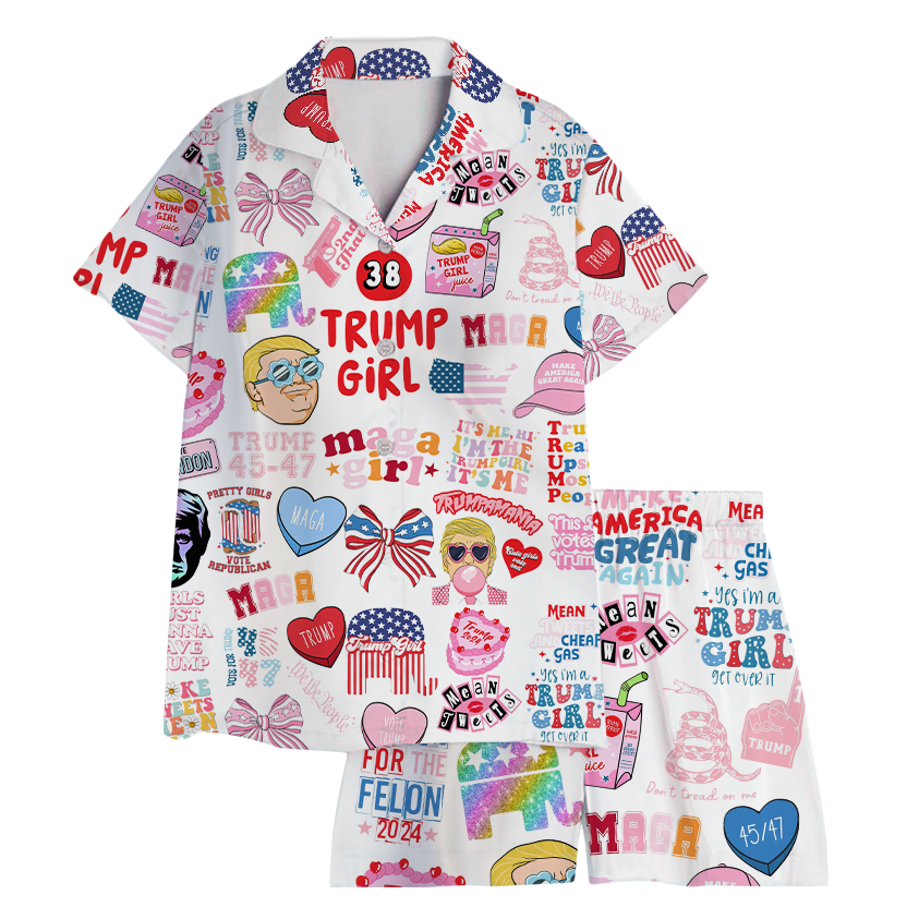 Women 2Pcs Satin Pajamas Shortwear Set Short Sleeve, Trump Girl Pajama Set - Image 4