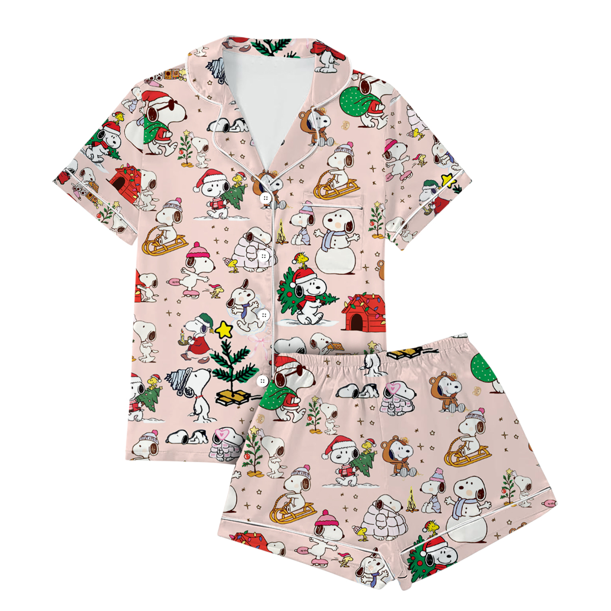 Cute Snoopy Christmas Satin Pajamas Short Set For Women, Adorable Holiday Sleepwear With Tree And Gift Print - Image 4