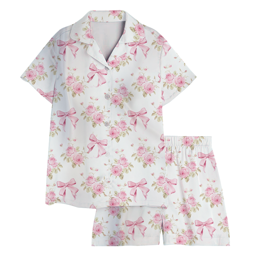 Women 2Pcs Satin Pajamas Loungewear Set Long Sleeve, Pink Bow Pajama Set - Image 4