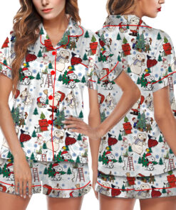 Cute Snoopy Christmas Satin Pajamas Short Set For Women, Adorable Holiday Sleepwear With Tree And Gift Print