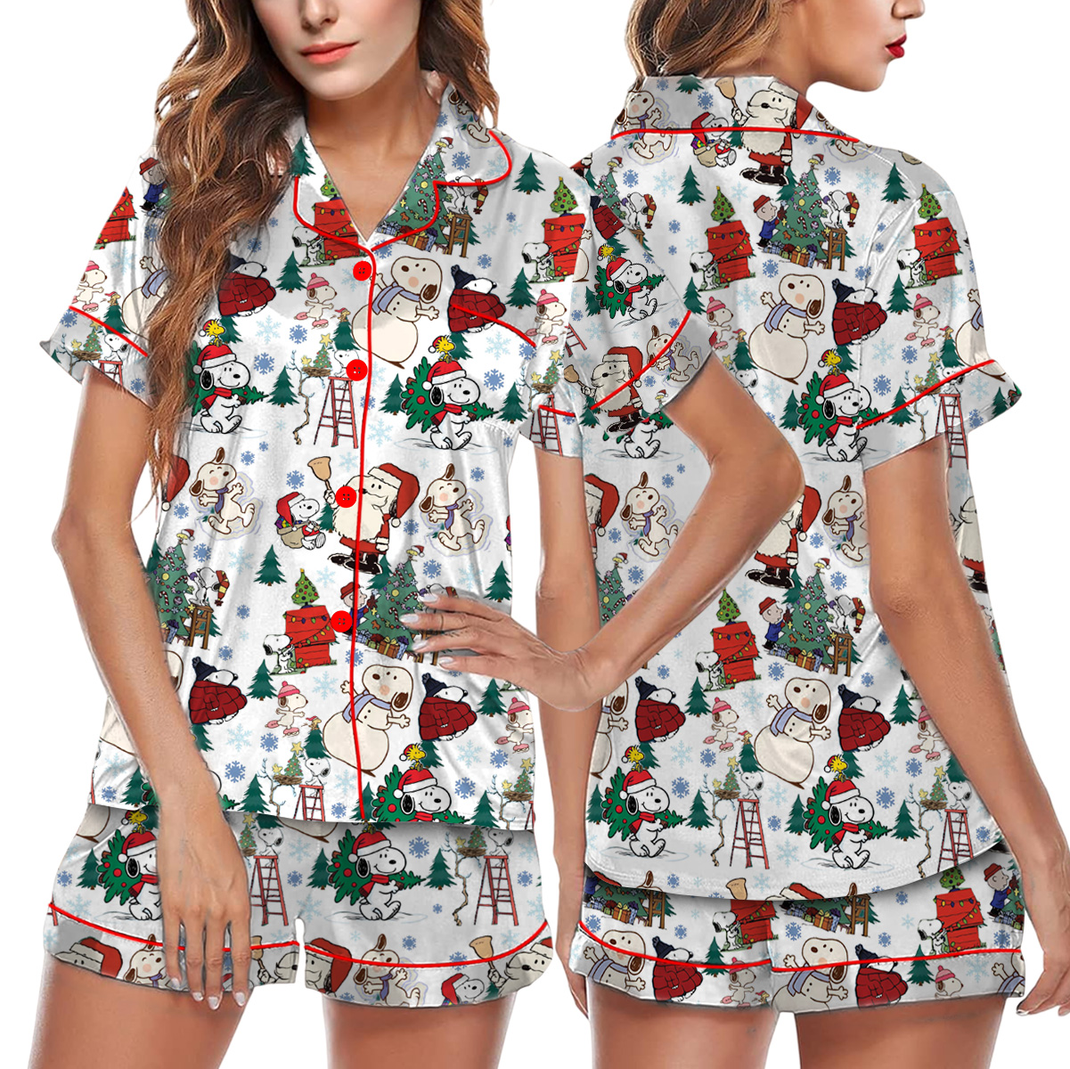 Cute Snoopy Christmas Satin Pajamas Short Set For Women, Adorable Holiday Sleepwear With Tree And Gift Print