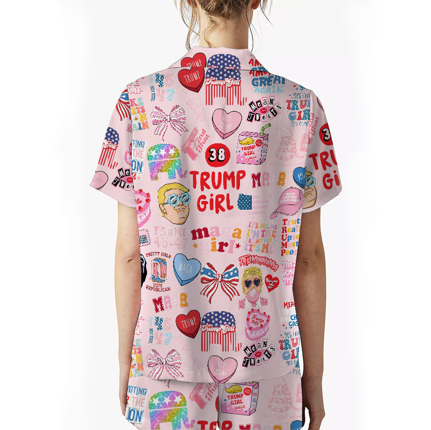 Women 2Pcs Satin Pajamas Shortwear Set Short Sleeve, Trump Girl Pajama Set - Image 5