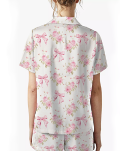 Alternative view of Women 2Pcs Satin Pajamas Loungewear Set Long Sleeve, Pink Bow Pajama Set