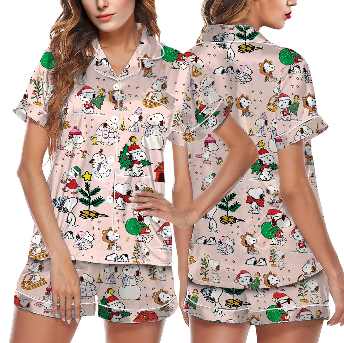 Cute Snoopy Christmas Satin Pajamas Short Set For Women, Adorable Holiday Sleepwear With Tree And Gift Print