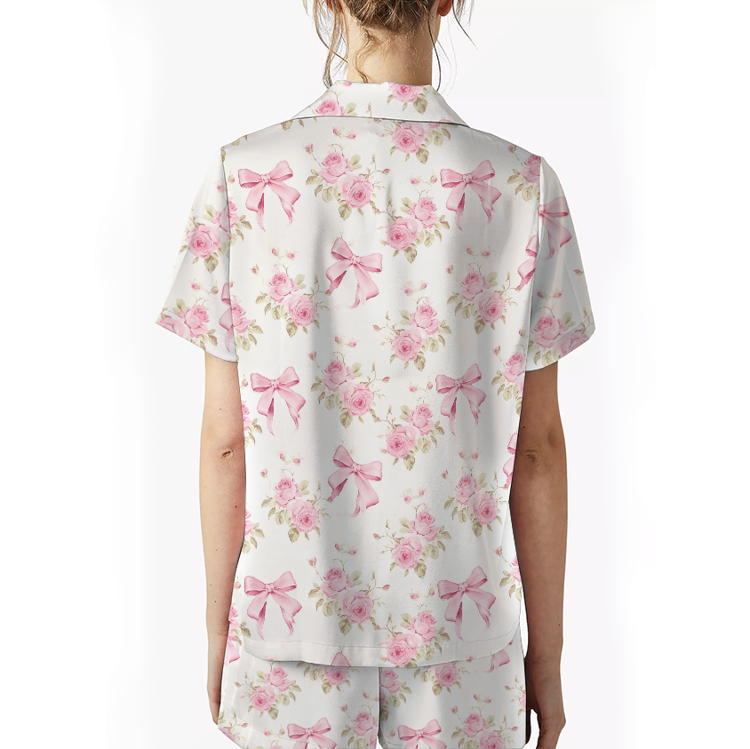 Women 2Pcs Satin Pajamas Loungewear Set Long Sleeve, Pink Bow Pajama Set - Image 2