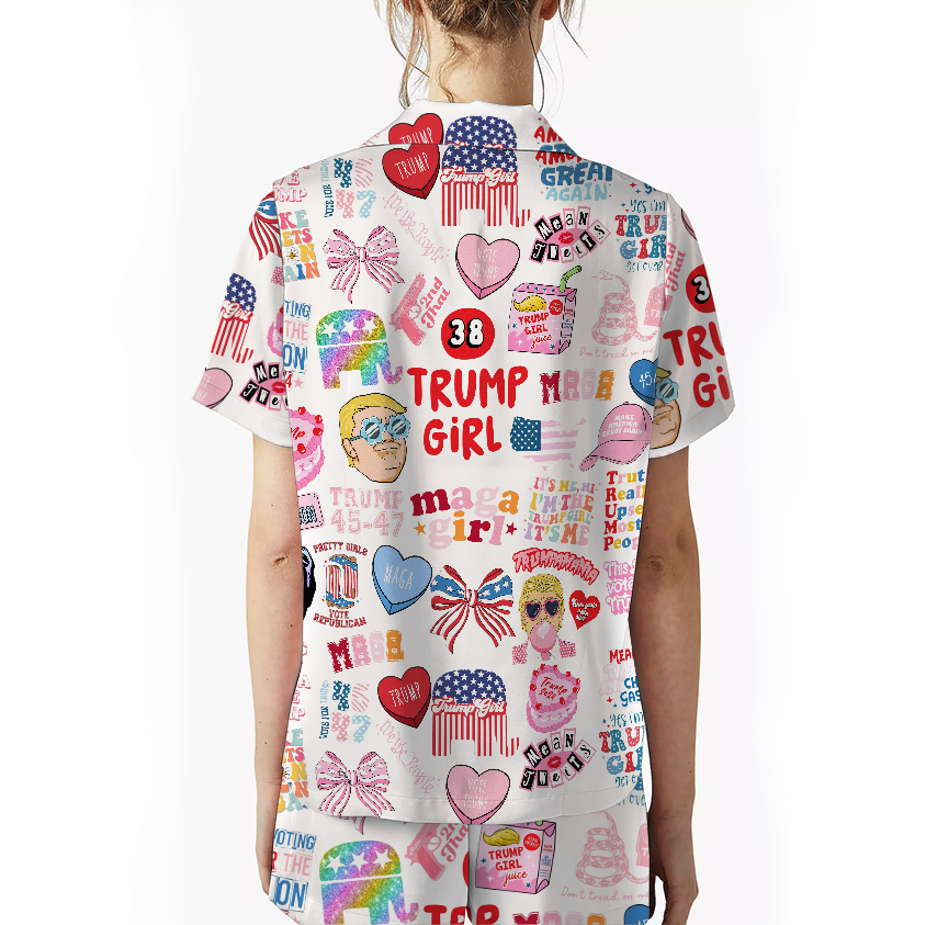 Women 2Pcs Satin Pajamas Shortwear Set Short Sleeve, Trump Girl Pajama Set - Image 3