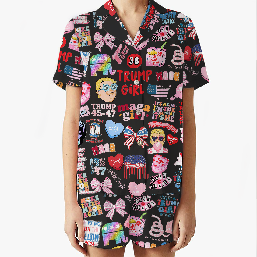 Women 2Pcs Satin Pajamas Shortwear Set Short Sleeve, Trump Girl Pajama Set