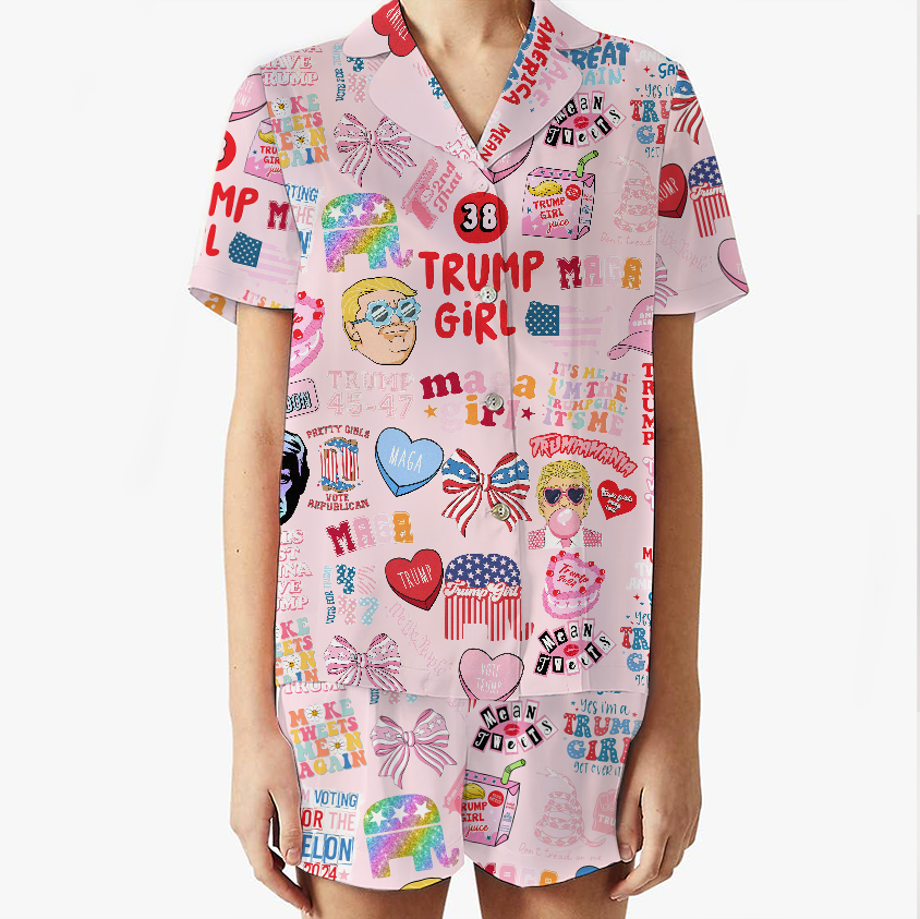 Women 2Pcs Satin Pajamas Shortwear Set Short Sleeve, Trump Girl Pajama Set - Image 8