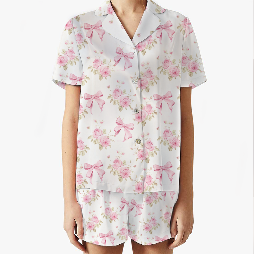 Women 2Pcs Satin Pajamas Loungewear Set Long Sleeve, Pink Bow Pajama Set - Image 3