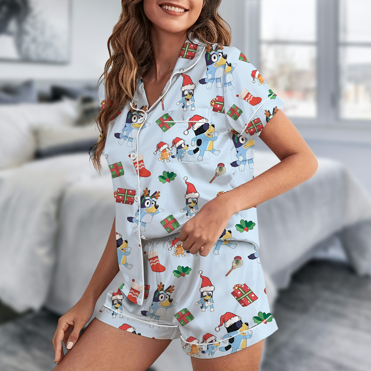 Christmas Cute Bluey Short Satin Pajamas Set For Women - Image 4