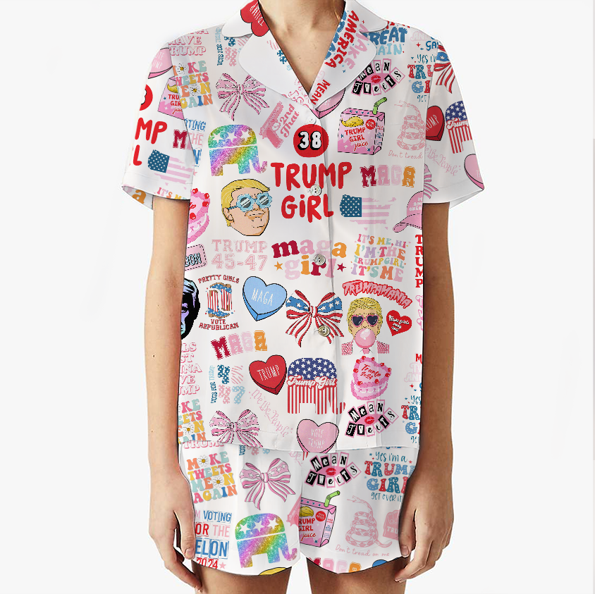 Women 2Pcs Satin Pajamas Shortwear Set Short Sleeve, Trump Girl Pajama Set - Image 6