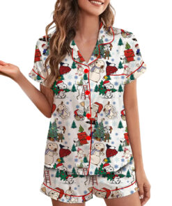 Alternative view of Cute Snoopy Christmas Satin Pajamas Short Set For Women, Adorable Holiday Sleepwear With Tree And Gift Print