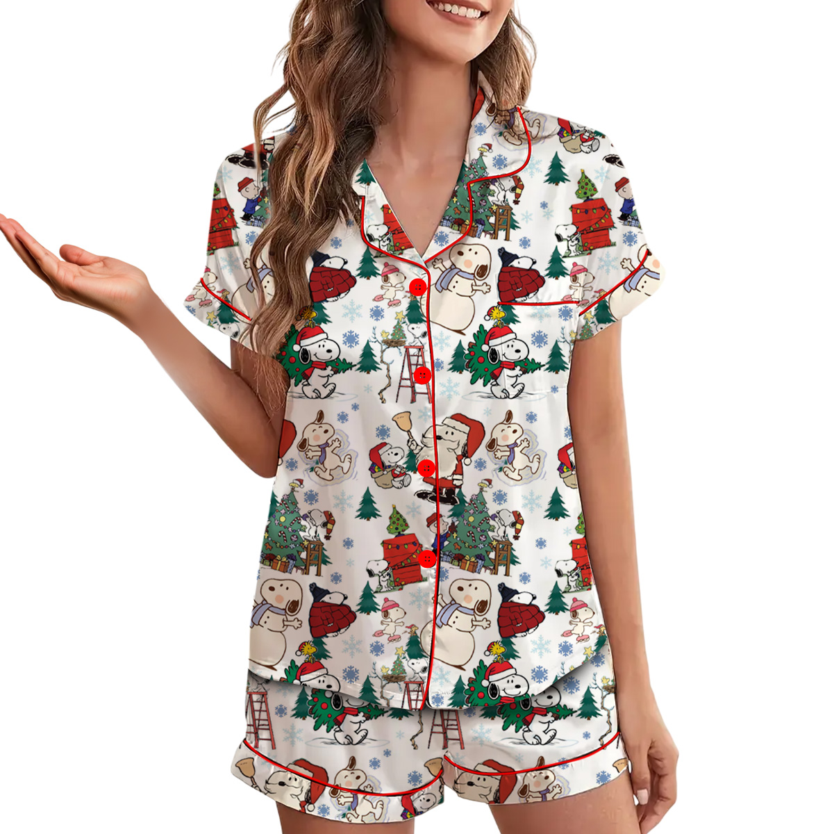 Cute Snoopy Christmas Satin Pajamas Short Set For Women, Adorable Holiday Sleepwear With Tree And Gift Print - Image 2