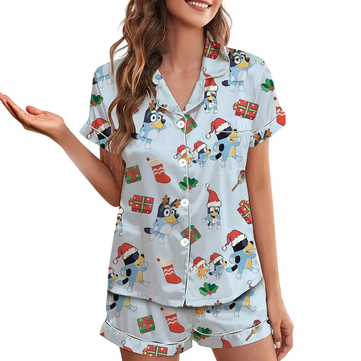 Christmas Cute Bluey Short Satin Pajamas Set For Women - Image 2