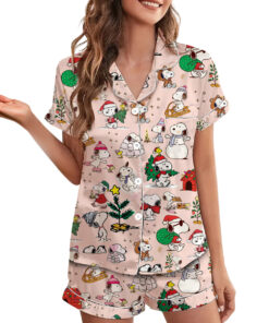 Alternative view of Cute Snoopy Christmas Satin Pajamas Short Set For Women, Adorable Holiday Sleepwear With Tree And Gift Print