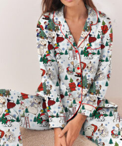 Alternative view of Cute Snoopy Christmas Satin Pajamas Long Set For Women, Adorable Holiday Sleepwear With Tree And Gift Print
