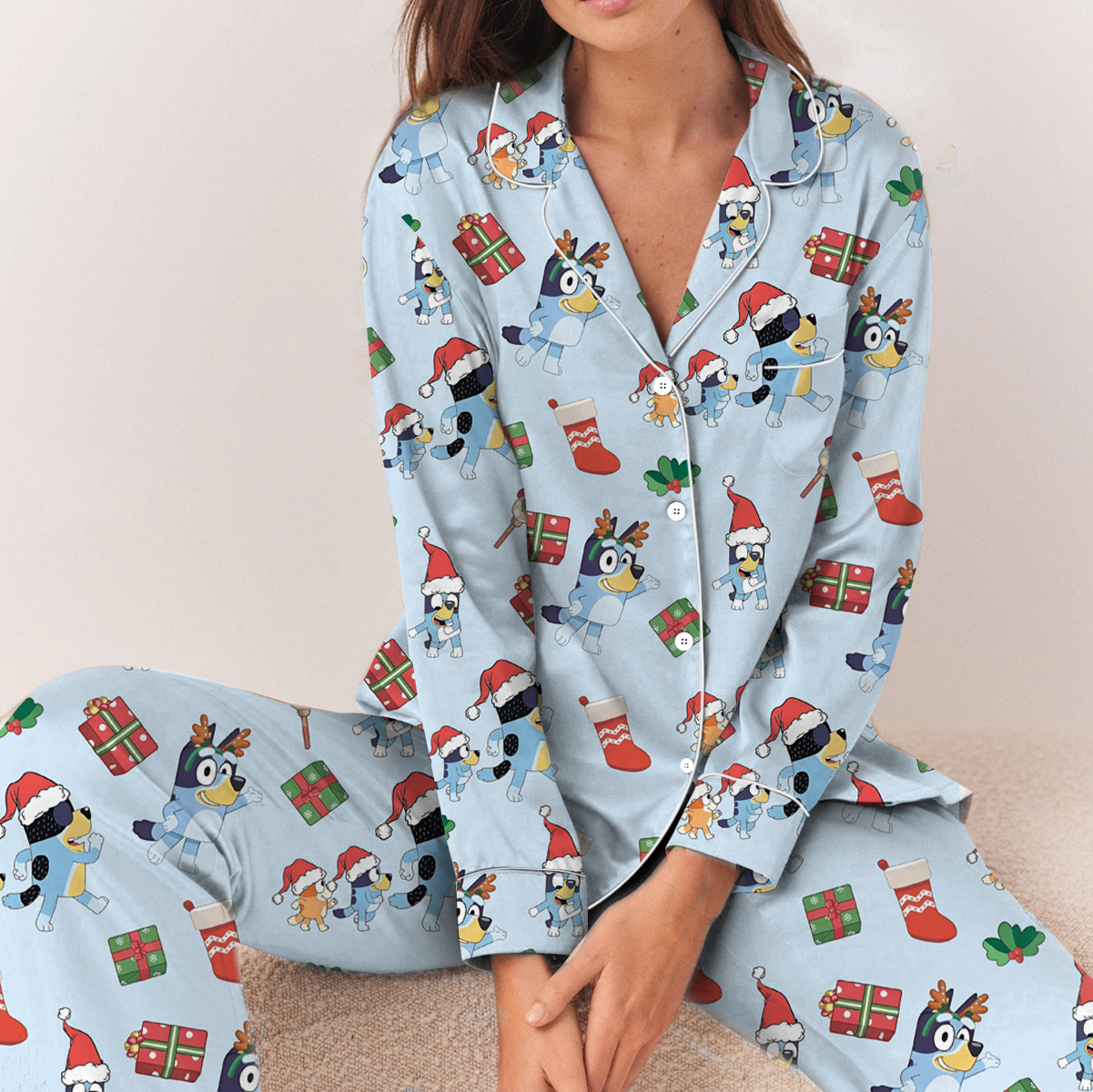 Christmas Cute Bluey Long Satin Pajamas Set For Women - Image 2