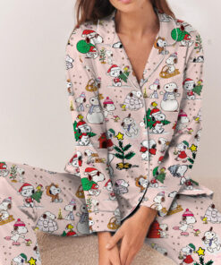 Alternative view of Cute Snoopy Christmas Satin Pajamas Long Set For Women, Adorable Holiday Sleepwear With Tree And Gift Print