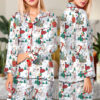 Cute Snoopy Christmas Satin Pajamas Long Set For Women, Adorable Holiday Sleepwear With Tree And Gift Print
