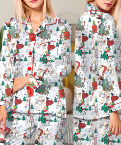 Cute Snoopy Christmas Satin Pajamas Long Set For Women, Adorable Holiday Sleepwear With Tree And Gift Print