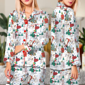 Cute Snoopy Christmas Satin Pajamas Long Set For Women, Adorable Holiday Sleepwear With Tree And Gift Print