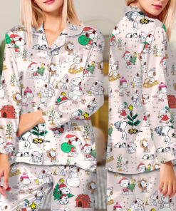 Cute Snoopy Christmas Satin Pajamas Long Set For Women, Adorable Holiday Sleepwear With Tree And Gift Print