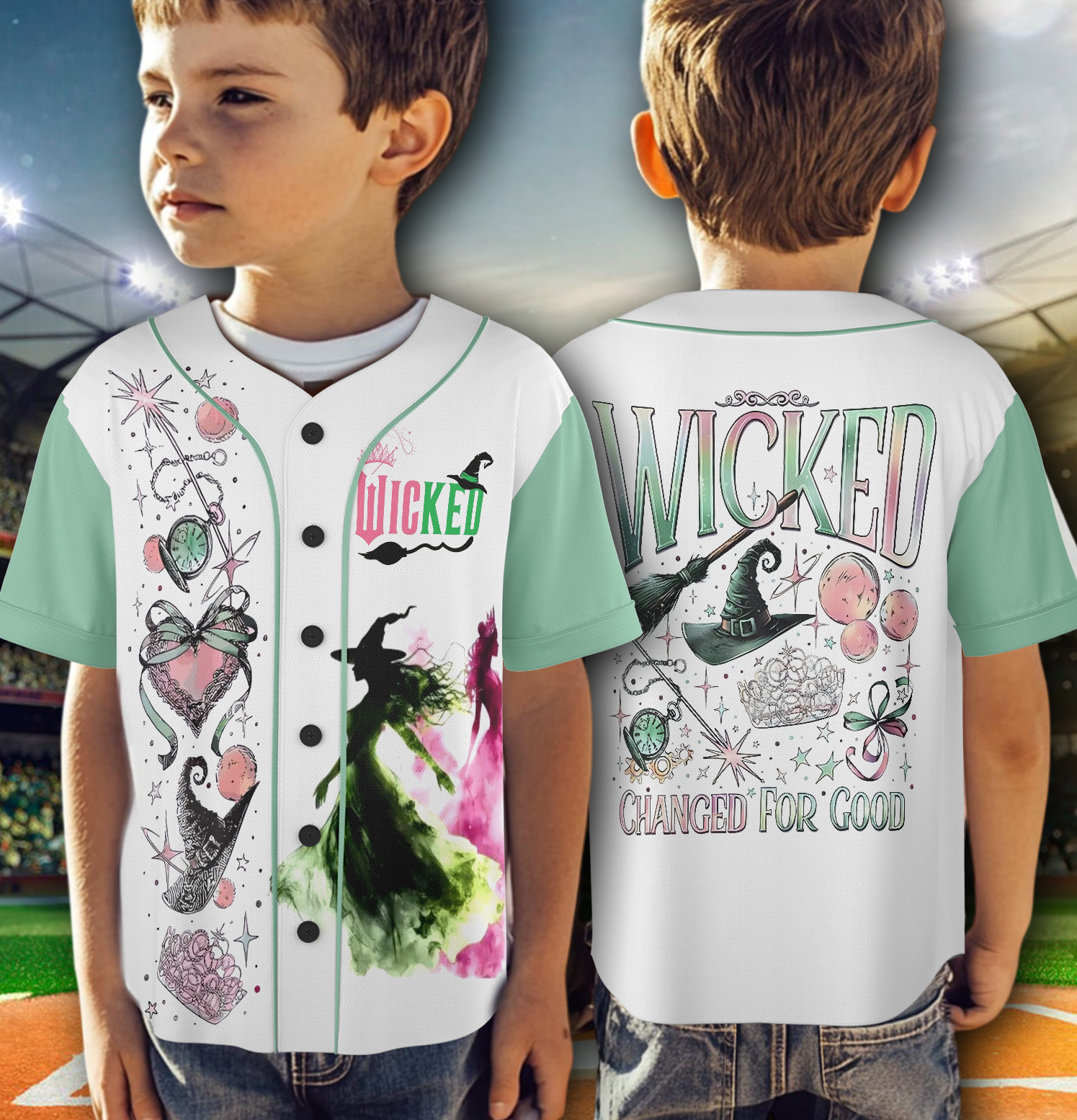 Retro Wicked Together We’re Unlimited Jersey, Defy Gravity Broomstick Magic Wand Shirt, Wicked The Musical, Wizard Movie Fan Baseball Jersey - Image 3