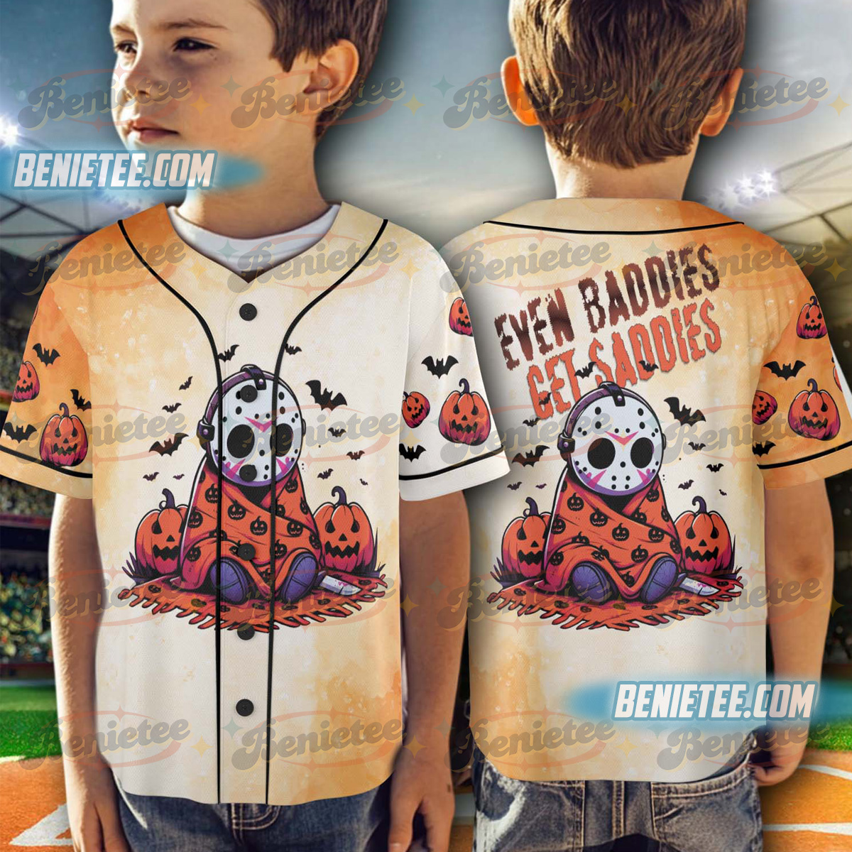 Even Baddies Get Saddies Jersey, Halloween Horror, Horror Characters Shirt, Girly Halloween Baseball Jersey - Image 6