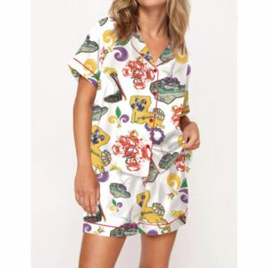 Mardi Gras Beads Pelican Crab Alligator Satin Pajama Set For Women