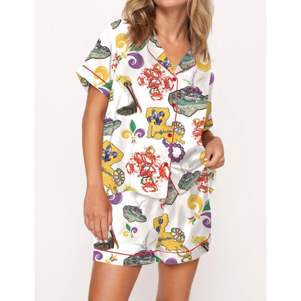 Mardi Gras Beads Pelican Crab Alligator Satin Pajama Set For Women